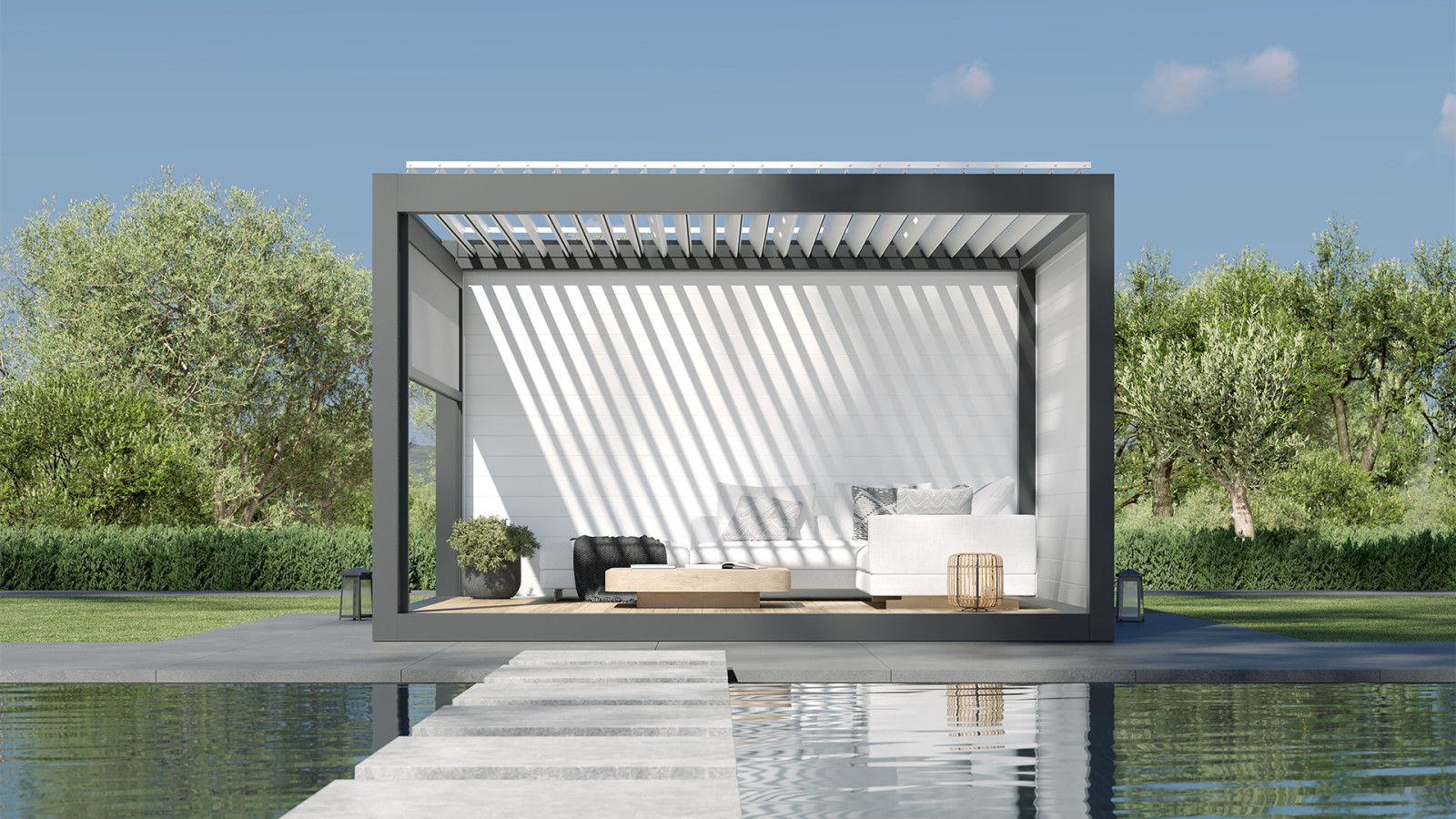 Modern tasarıma ve İzmir Otomatik Tente'in kapatma sistemi ile kapatılmış konforlu oturma alanına sahip, havuzlu açık yaşam alanı.