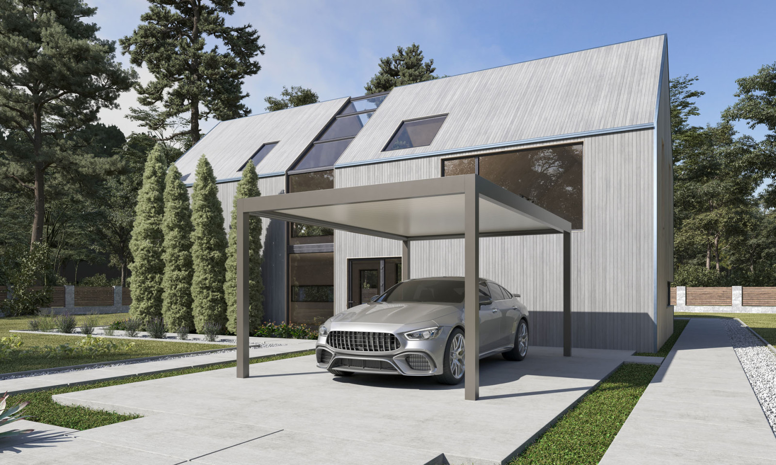 lüks bir villaya ait olan bir spor araba modern bir carport'a park etmiştir.