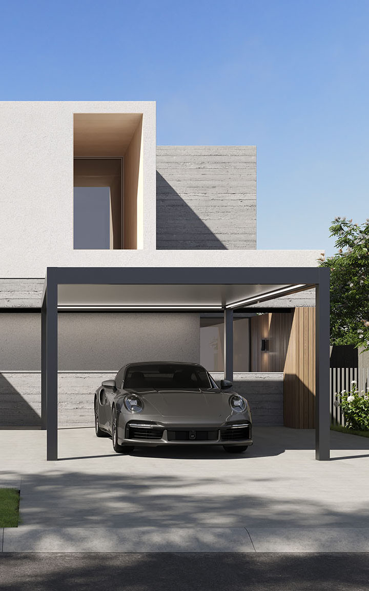 lüks bir villaya ait olan bir spor araba modern bir carport'a park etmiştir.