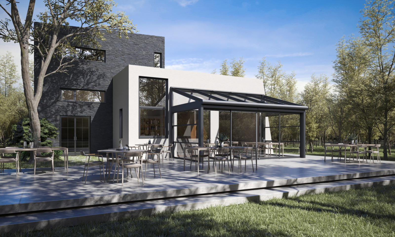 Verandalı ve cam çatılı, işlevsel bir Kış Bahçesi bulunan çağdaş bir ev.